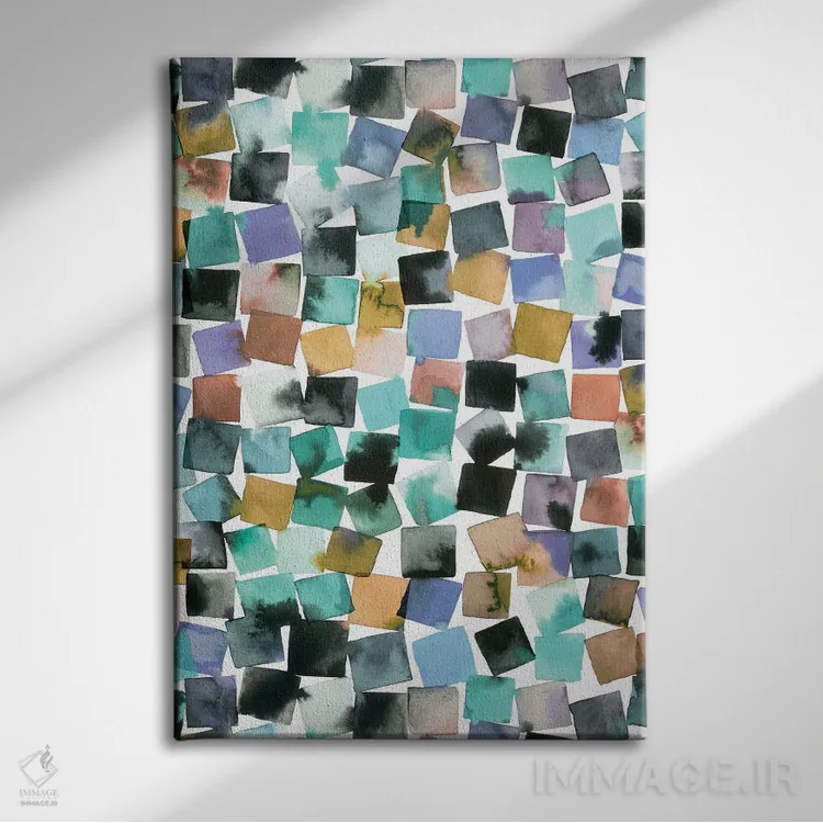 تابلو انتزاعی شطرنجی انتزاعی هندسی با آبرنگ اثر نینولا دیزاین - نمای روبهرو روی دیوار