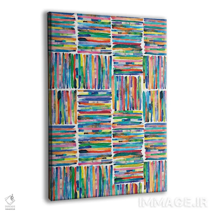 تابلو انتزاعی راه راه های مربع رنگی نقاشی شده با دست اثر نینولا دیزاین - نمای پرسپکتیو محصول
