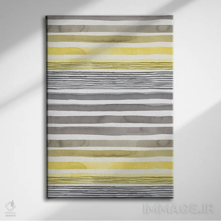تابلو انتزاعی راه راه های زرد درخشان و خاکستری نهایی اثر نینولا دیزاین - نمای روبهرو روی دیوار