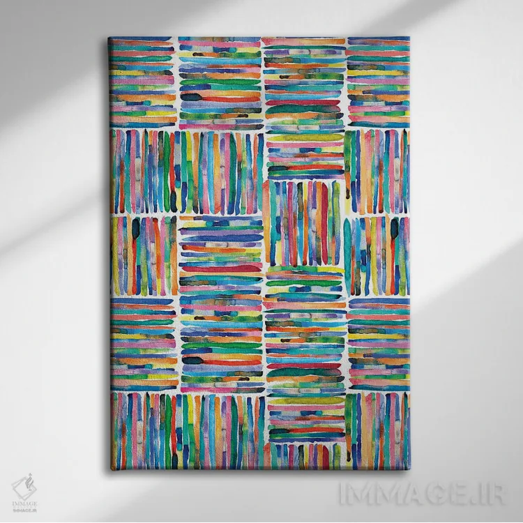 تابلو انتزاعی راه راه های مربع رنگی نقاشی شده با دست اثر نینولا دیزاین - نمای روبهرو روی دیوار