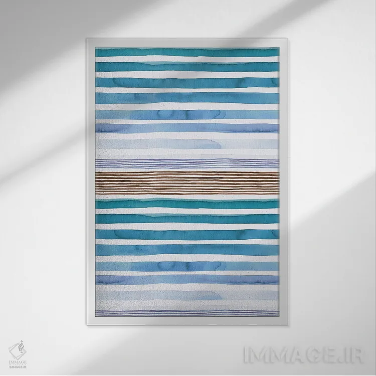 تابلو انتزاعی راه راه های غروب آبرنگی آبی اثر نینولا دیزاین - نمای قابدار سفید