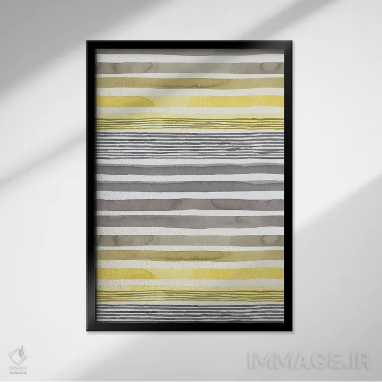 تابلو انتزاعی راه راه های زرد درخشان و خاکستری نهایی اثر نینولا دیزاین - نمای قابدار مشکی
