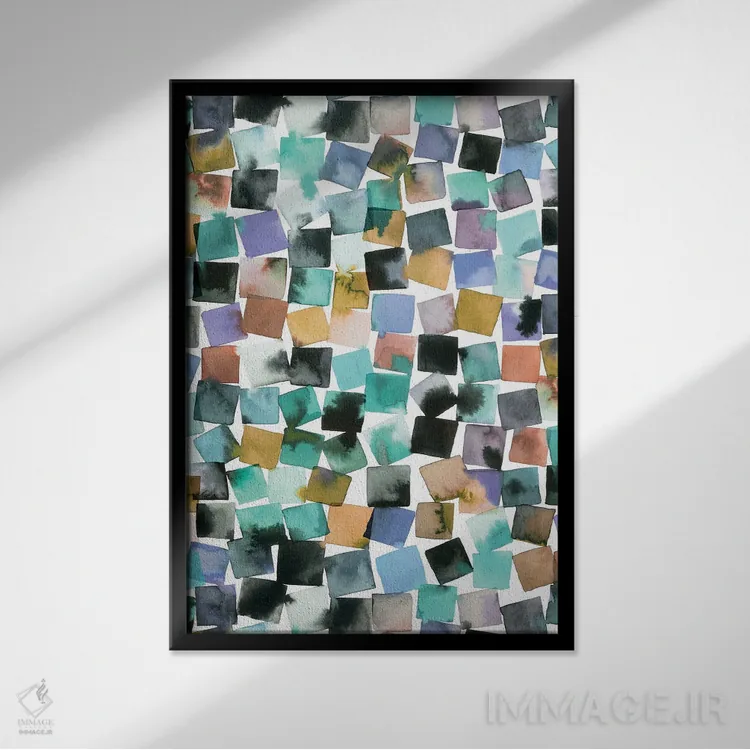 تابلو انتزاعی شطرنجی انتزاعی هندسی با آبرنگ اثر نینولا دیزاین - نمای قابدار مشکی