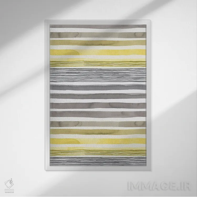 تابلو انتزاعی راه راه های زرد درخشان و خاکستری نهایی اثر نینولا دیزاین - نمای قابدار سفید