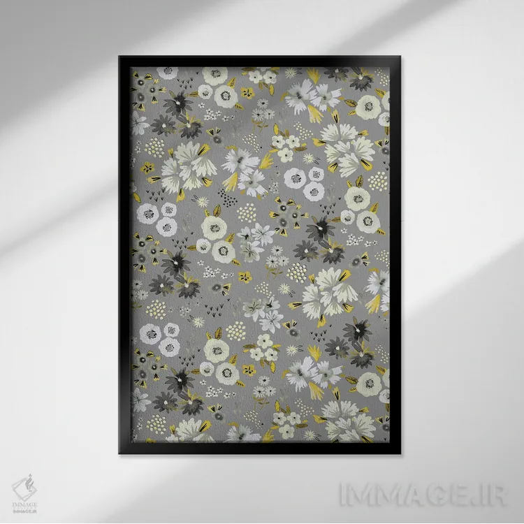 تابلو انتزاعی گل های کوچک خاکستری نهایی اثر نینولا دیزاین - نمای قابدار مشکی