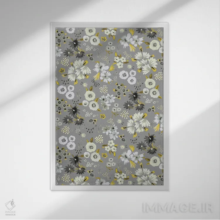 تابلو انتزاعی گل های کوچک خاکستری نهایی اثر نینولا دیزاین - نمای قابدار سفید