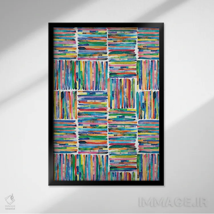 تابلو انتزاعی راه راه های مربع رنگی نقاشی شده با دست اثر نینولا دیزاین - نمای قابدار مشکی
