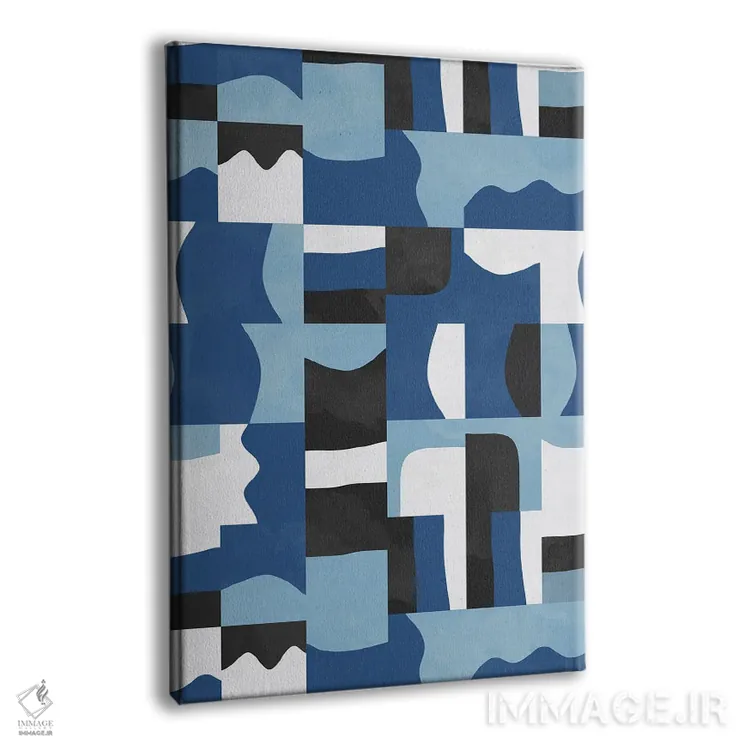 تابلو انتزاعی مکعب ها و اشکال ارگانیک آبی و مشکی اثر نینولا دیزاین - نمای پرسپکتیو محصول