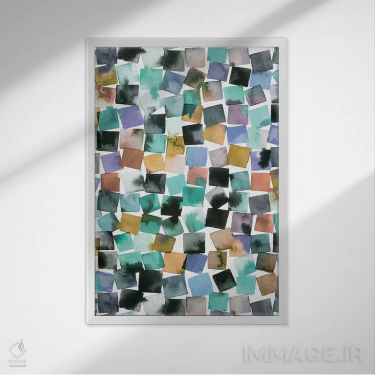 تابلو انتزاعی شطرنجی انتزاعی هندسی با آبرنگ اثر نینولا دیزاین - نمای قابدار سفید