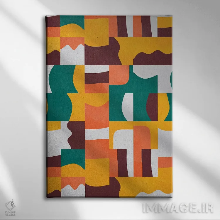 تابلو انتزاعی مکعب ها و اشکال ارگانیک سبز و نارنجی اثر نینولا دیزاین - نمای روبهرو روی دیوار