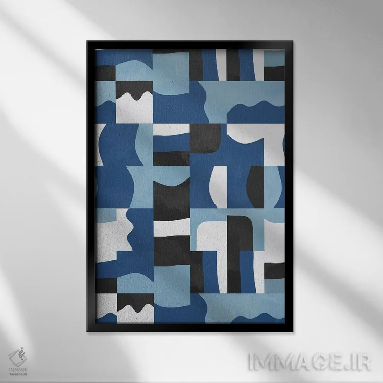 تابلو انتزاعی مکعب ها و اشکال ارگانیک آبی و مشکی اثر نینولا دیزاین - نمای قابدار مشکی