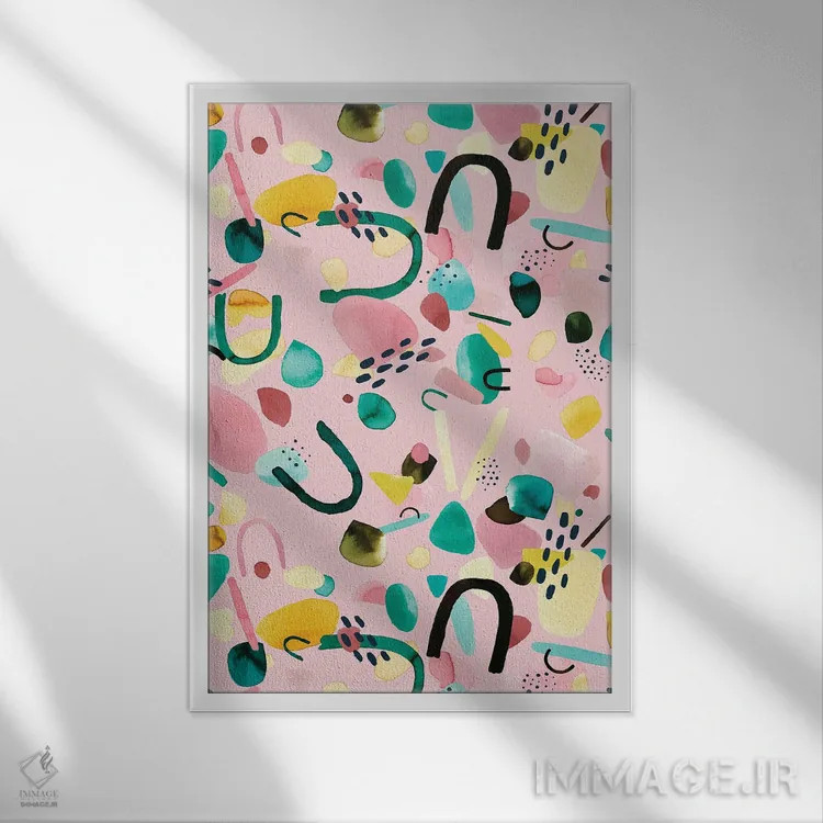 تابلو انتزاعی قطعات هندسی انتزاعی صورتی و سبز اثر نینولا دیزاین - نمای قابدار سفید