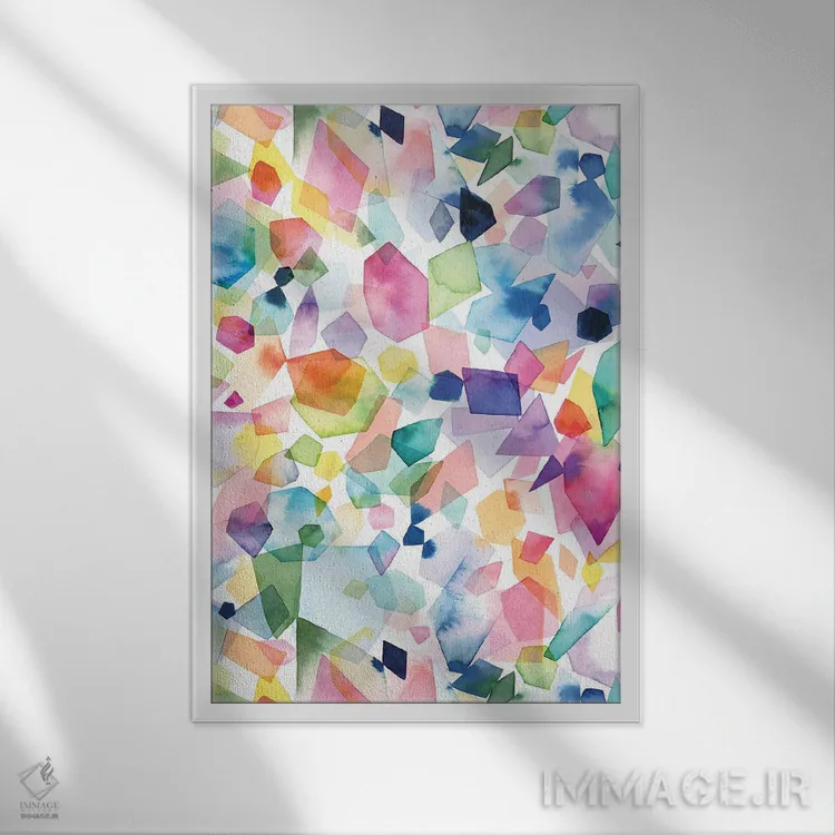 تابلو انتزاعی بلورها و عقیق ها و سنگ های قیمتی آبرنگی اثر نینولا دیزاین - نمای قابدار سفید