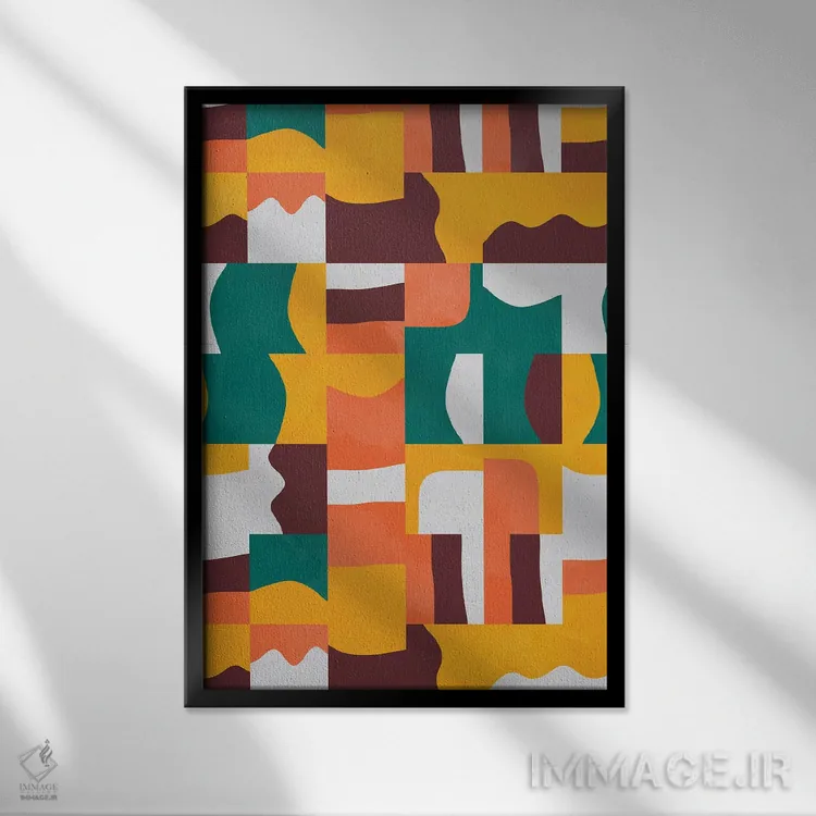 تابلو انتزاعی مکعب ها و اشکال ارگانیک سبز و نارنجی اثر نینولا دیزاین - نمای قابدار مشکی