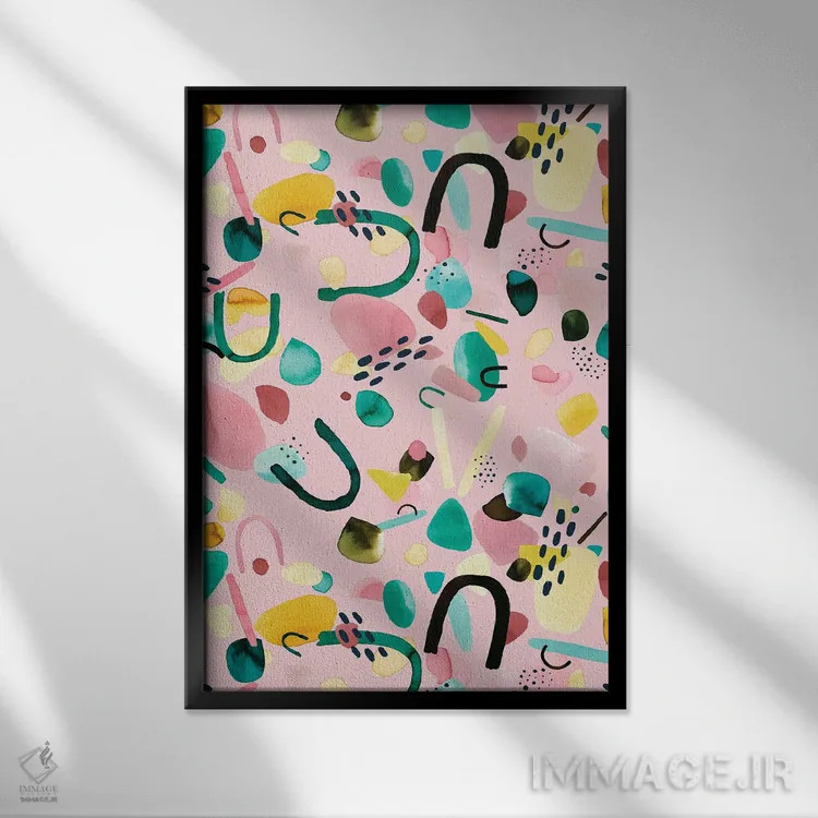 تابلو انتزاعی قطعات هندسی انتزاعی صورتی و سبز اثر نینولا دیزاین - نمای قابدار مشکی