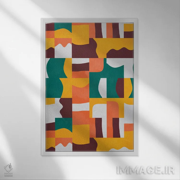 تابلو انتزاعی مکعب ها و اشکال ارگانیک سبز و نارنجی اثر نینولا دیزاین - نمای قابدار سفید