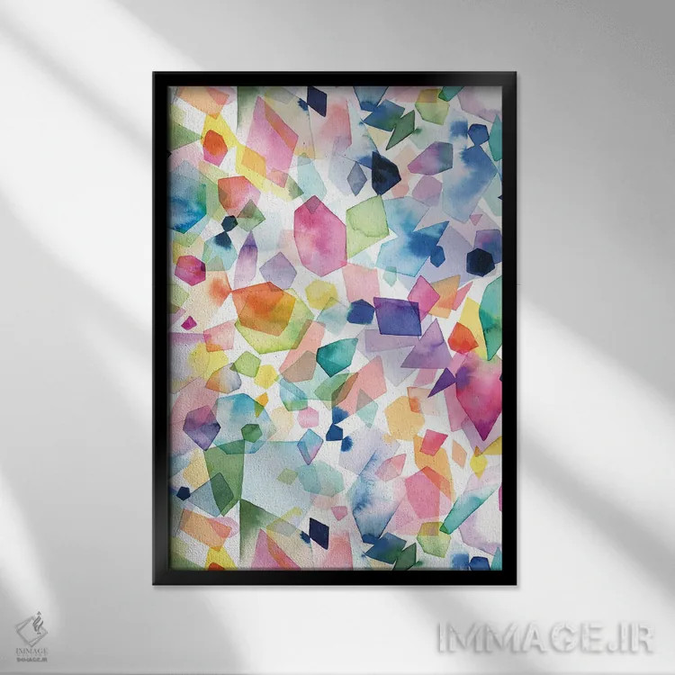 تابلو انتزاعی بلورها و عقیق ها و سنگ های قیمتی آبرنگی اثر نینولا دیزاین - نمای قابدار مشکی