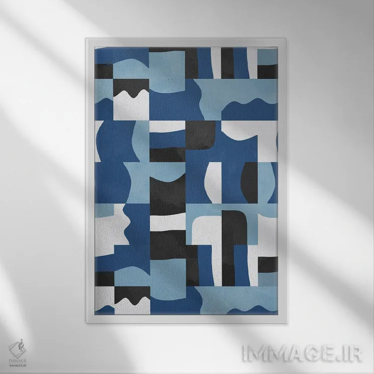 تابلو انتزاعی مکعب ها و اشکال ارگانیک آبی و مشکی اثر نینولا دیزاین - نمای قابدار سفید