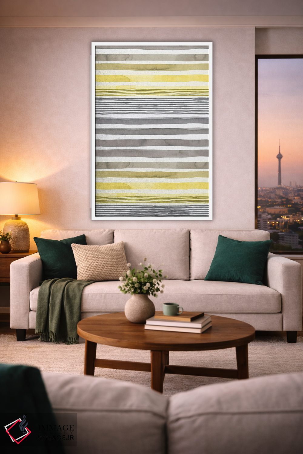 تابلو انتزاعی راه راه های زرد درخشان و خاکستری نهایی اثر نینولا دیزاین - D1W