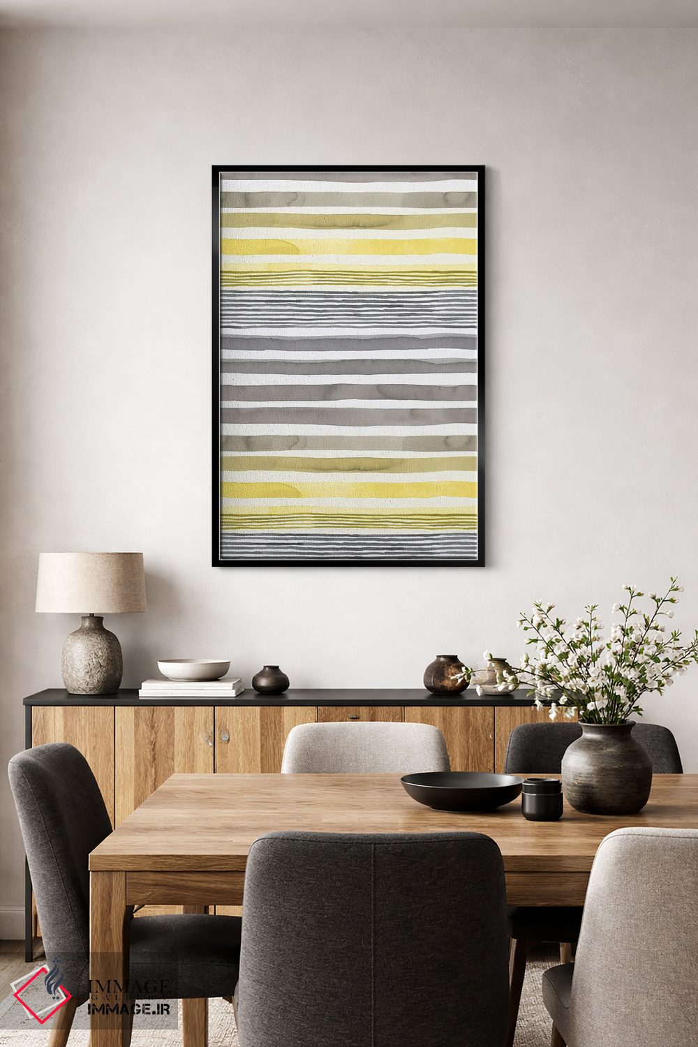 تابلو انتزاعی راه راه های زرد درخشان و خاکستری نهایی اثر نینولا دیزاین - D5B