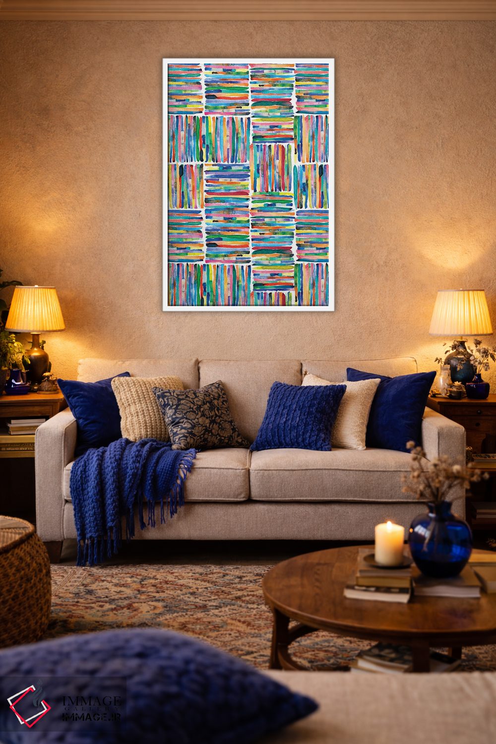تابلو انتزاعی راه راه های مربع رنگی نقاشی شده با دست اثر نینولا دیزاین - D3W