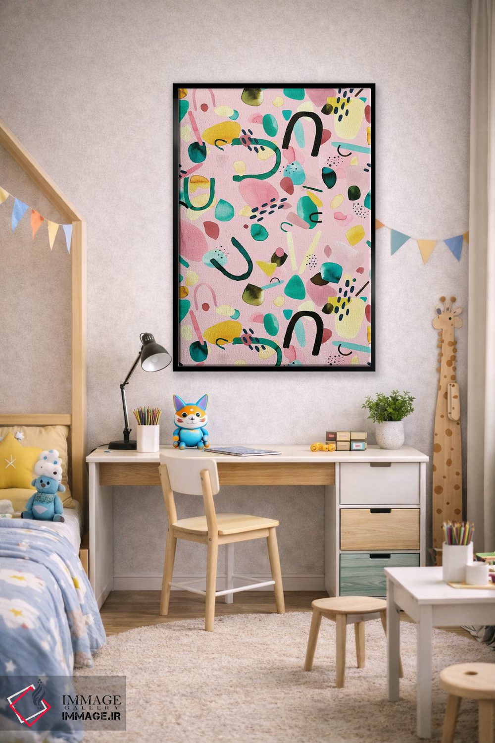 تابلو انتزاعی قطعات هندسی انتزاعی صورتی و سبز اثر نینولا دیزاین - D2B