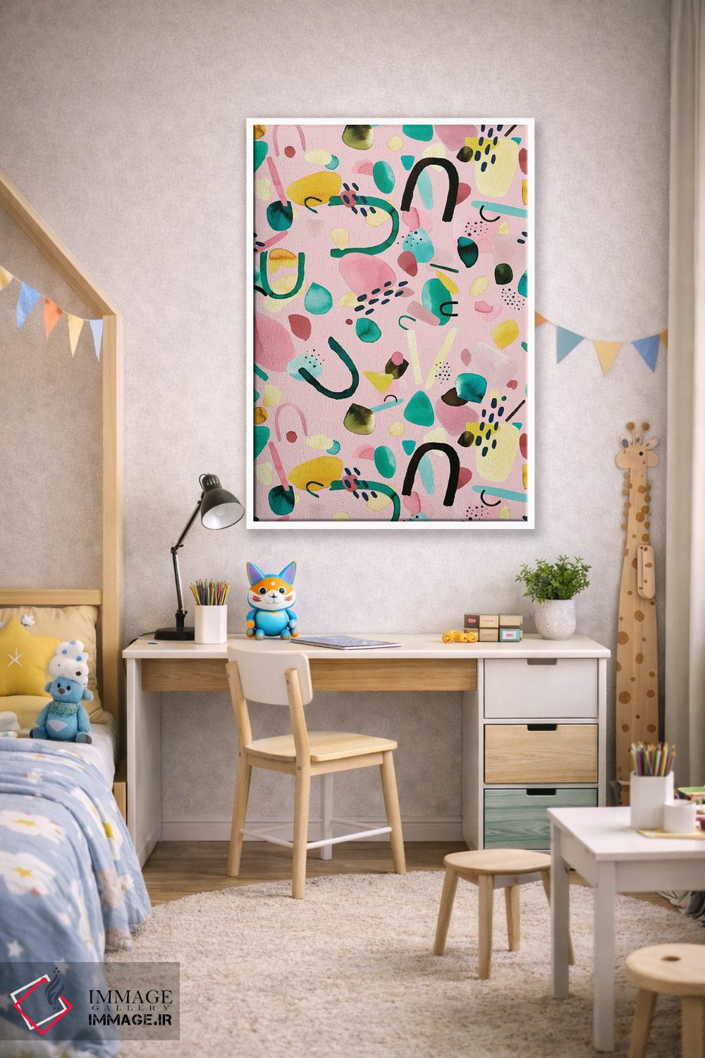 تابلو انتزاعی قطعات هندسی انتزاعی صورتی و سبز اثر نینولا دیزاین - D1W