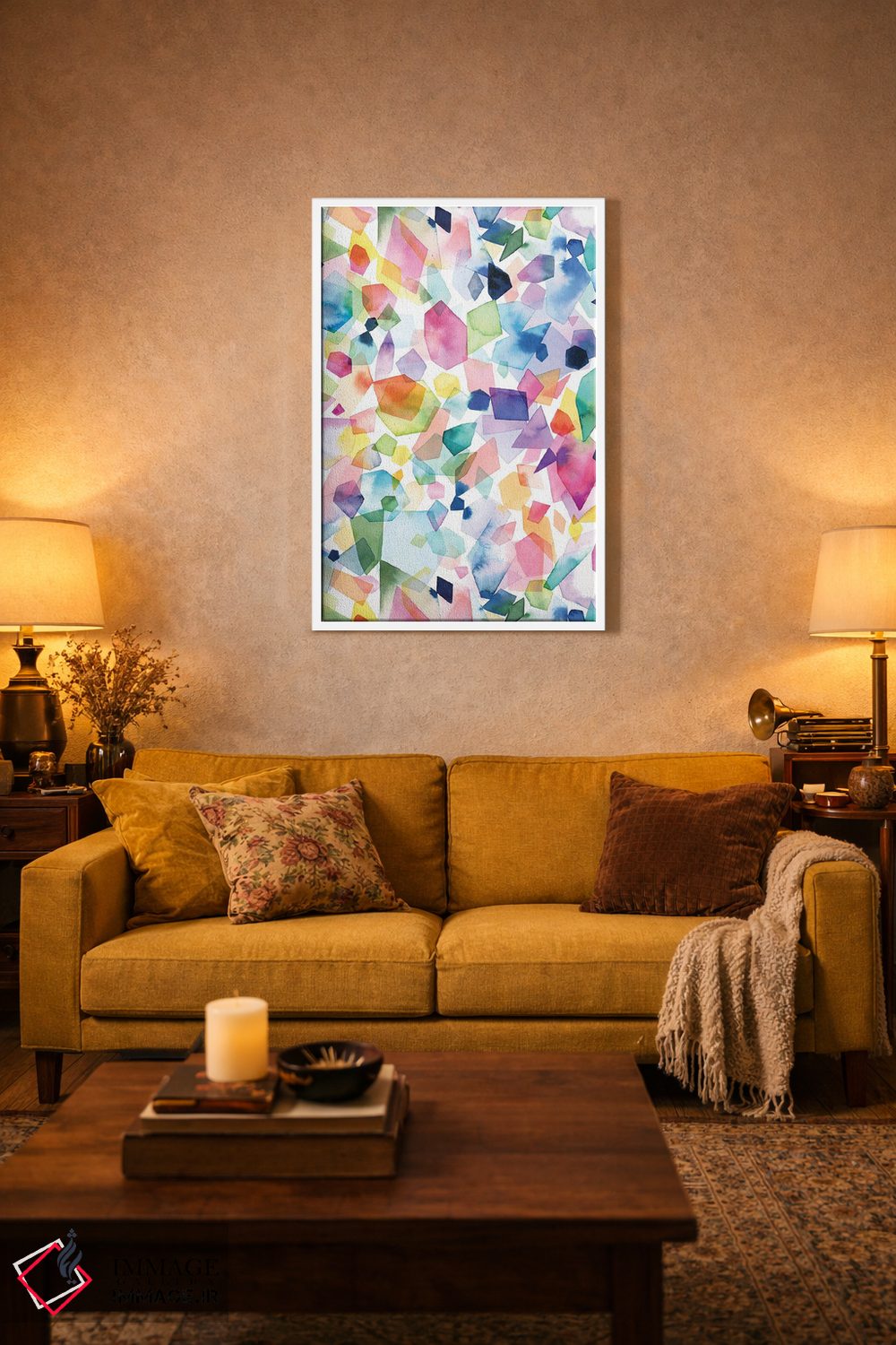 تابلو انتزاعی بلورها و عقیق ها و سنگ های قیمتی آبرنگی اثر نینولا دیزاین - D3W