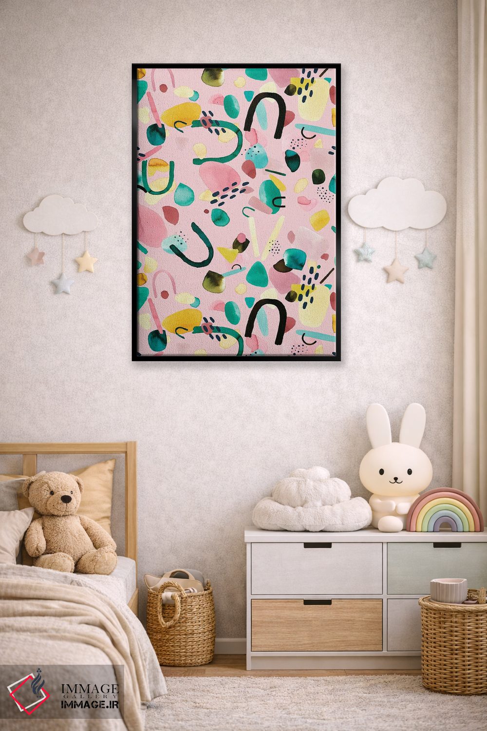 تابلو انتزاعی قطعات هندسی انتزاعی صورتی و سبز اثر نینولا دیزاین - D5B