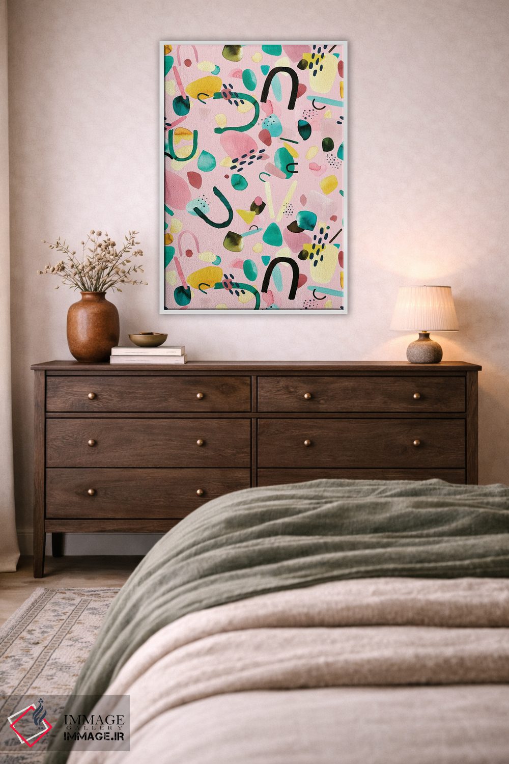 تابلو انتزاعی قطعات هندسی انتزاعی صورتی و سبز اثر نینولا دیزاین - D3W