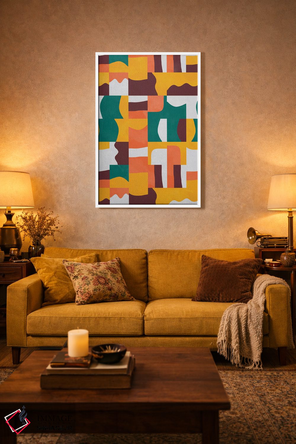 تابلو انتزاعی مکعب ها و اشکال ارگانیک سبز و نارنجی اثر نینولا دیزاین - D1W