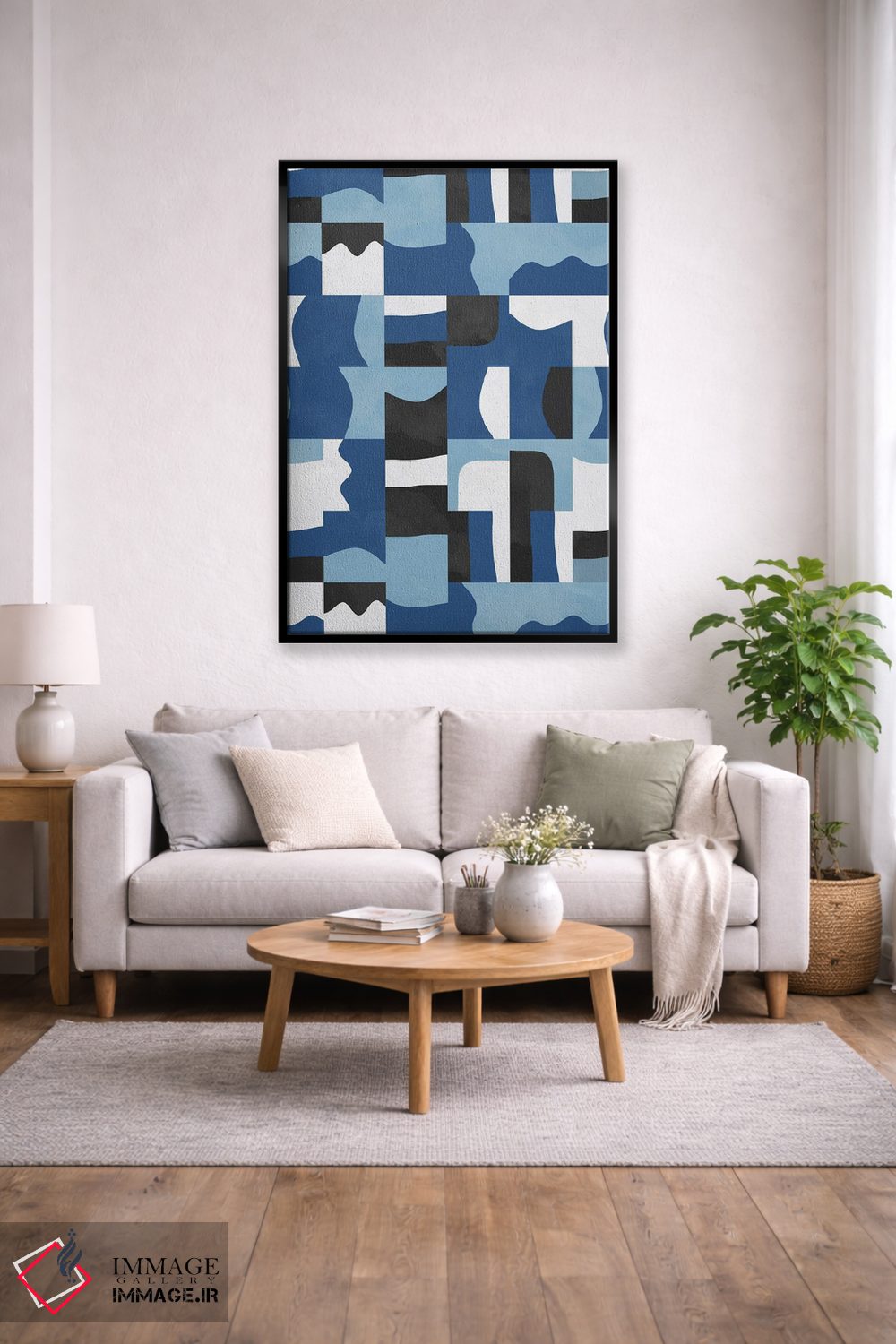 تابلو انتزاعی مکعب ها و اشکال ارگانیک آبی و مشکی اثر نینولا دیزاین - D2B