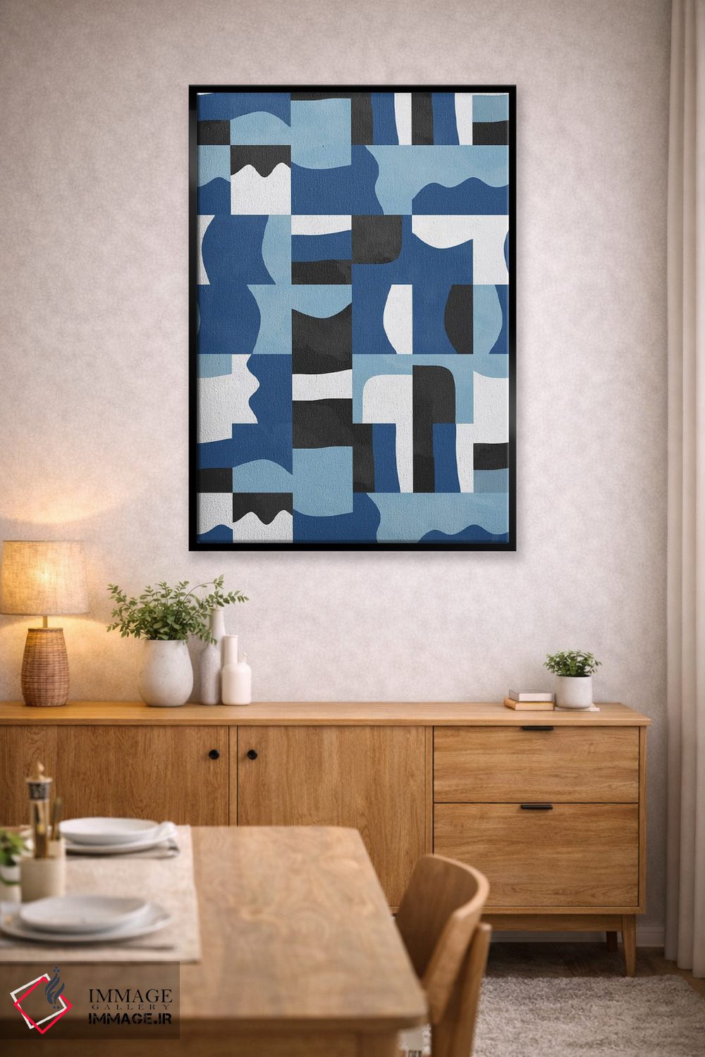 تابلو انتزاعی مکعب ها و اشکال ارگانیک آبی و مشکی اثر نینولا دیزاین - D4B