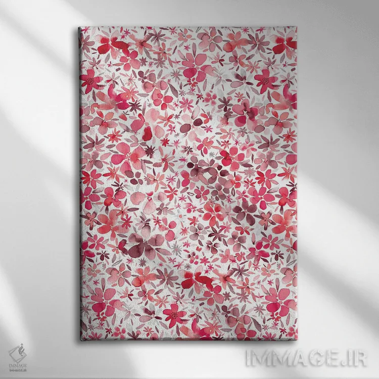 تابلو انتزاعی گل و گلبرگ های رنگی مرجانی اثر نینولا دیزاین - نمای روبهرو روی دیوار