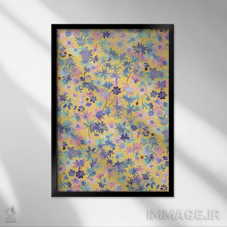 تابلو دکوراتیو گل های مرواریدی رنگ خردلی اثر نینولا دیزاین - نمای قابدار مشکی