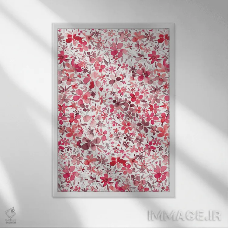 تابلو انتزاعی گل و گلبرگ های رنگی مرجانی اثر نینولا دیزاین - نمای قابدار سفید