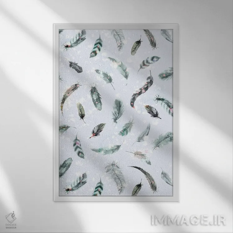 تابلو دکوراتیو پرهای لطیف بوهو آبی اثر نینولا دیزاین - نمای قابدار سفید