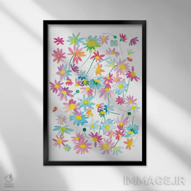 تابلو دکوراتیو مرواریدهای گلدار رنگی آبرنگی اثر نینولا دیزاین - نمای قابدار مشکی