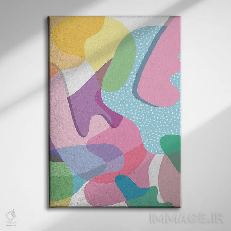 تابلو انتزاعی اشکال ارگانیک شاد و رنگی اثر نینولا دیزاین - نمای روبهرو روی دیوار