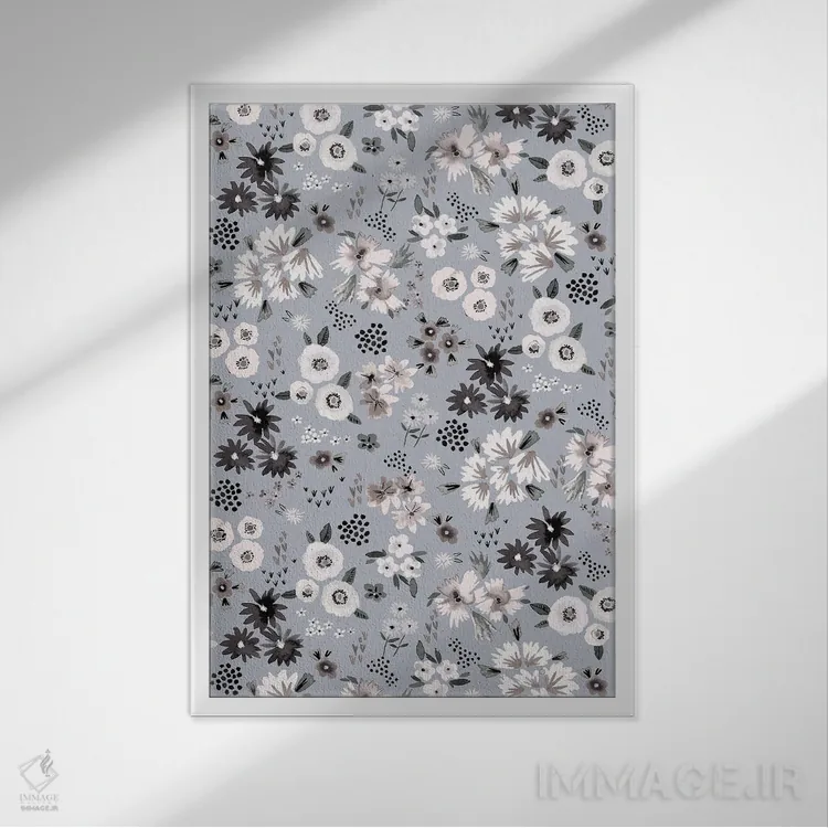 تابلو دکوراتیو گل های کوچک بژ و خاکستری اثر نینولا دیزاین - نمای قابدار سفید