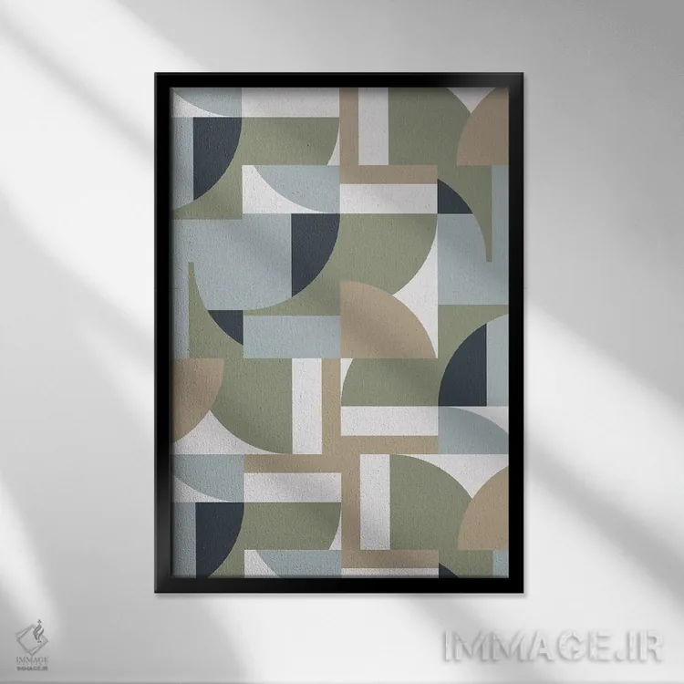 تابلو انتزاعی چندضلعی های بژ سبک باوهاوس آینده نگر اثر نینولا دیزاین - نمای قابدار مشکی
