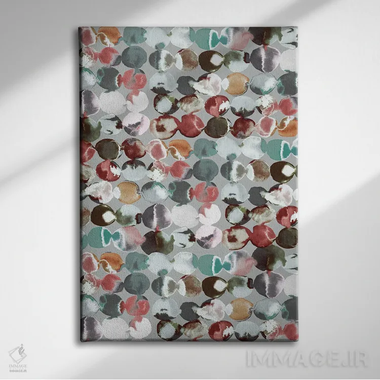 تابلو انتزاعی نقاط مرکبی سبز و خاکستری اثر نینولا دیزاین - نمای روبهرو روی دیوار