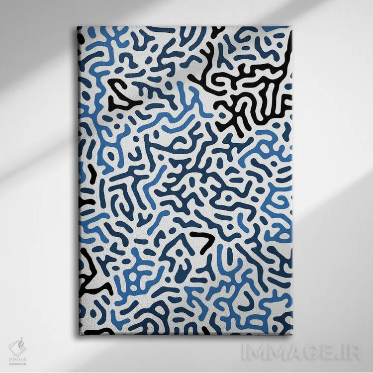 تابلو انتزاعی اشکال هندسی دیجیتال ارگانیک آبی اثر نینولا دیزاین - نمای روبهرو روی دیوار