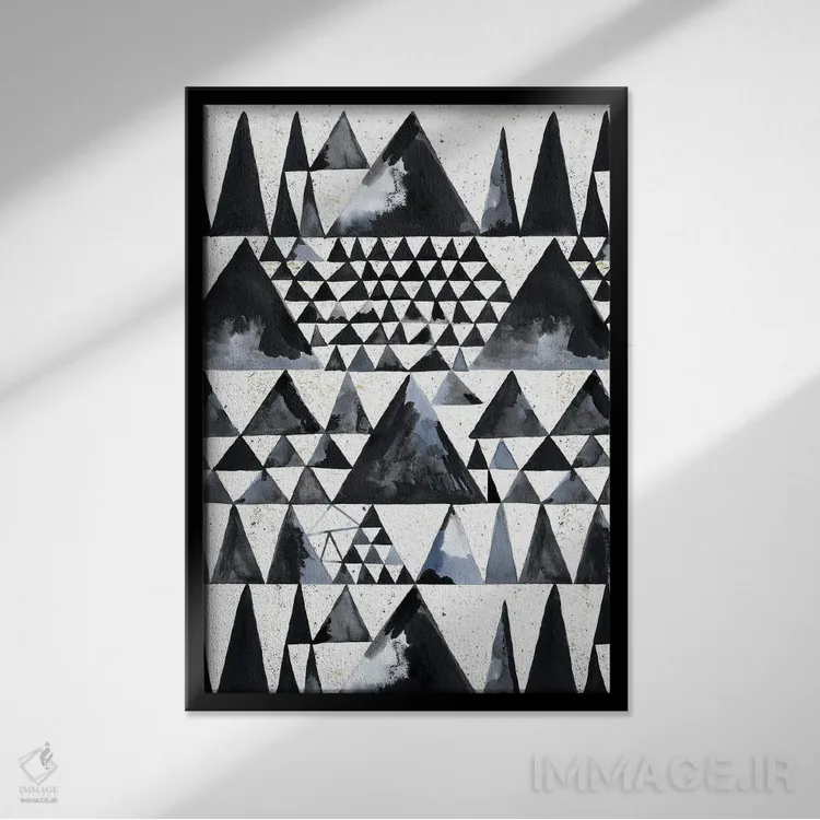 تابلو انتزاعی مثلث های مینیمال اسکاندی ژاپنی با مرکب اثر نینولا دیزاین - نمای قابدار مشکی