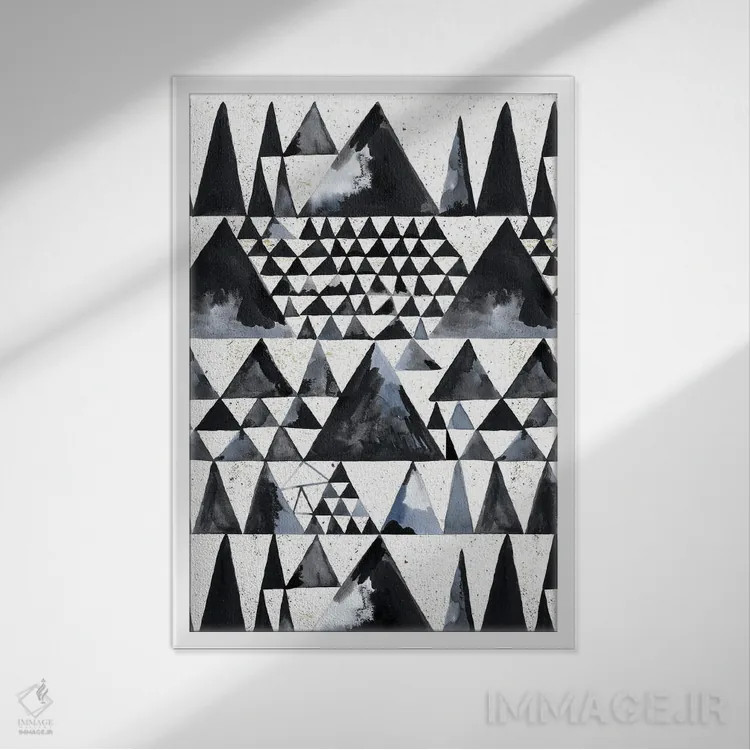 تابلو انتزاعی مثلث های مینیمال اسکاندی ژاپنی با مرکب اثر نینولا دیزاین - نمای قابدار سفید