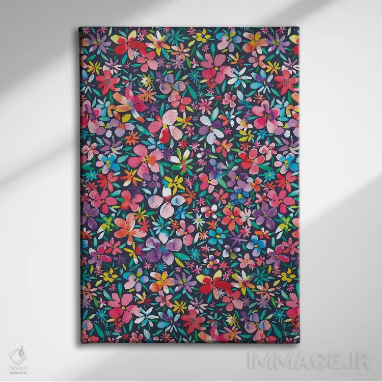 تابلو انتزاعی گل و گلبرگ های رنگی سرمه ای اثر نینولا دیزاین - نمای روبهرو روی دیوار