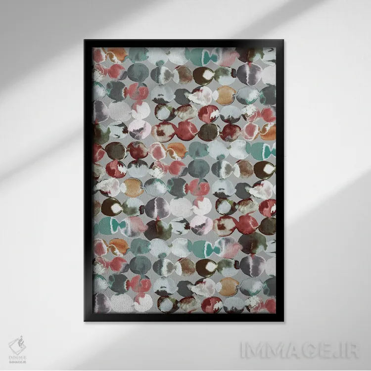 تابلو انتزاعی نقاط مرکبی سبز و خاکستری اثر نینولا دیزاین - نمای قابدار مشکی