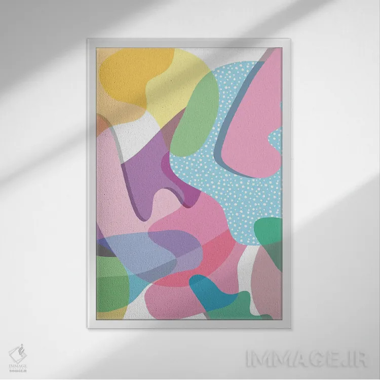 تابلو انتزاعی اشکال ارگانیک شاد و رنگی اثر نینولا دیزاین - نمای قابدار سفید