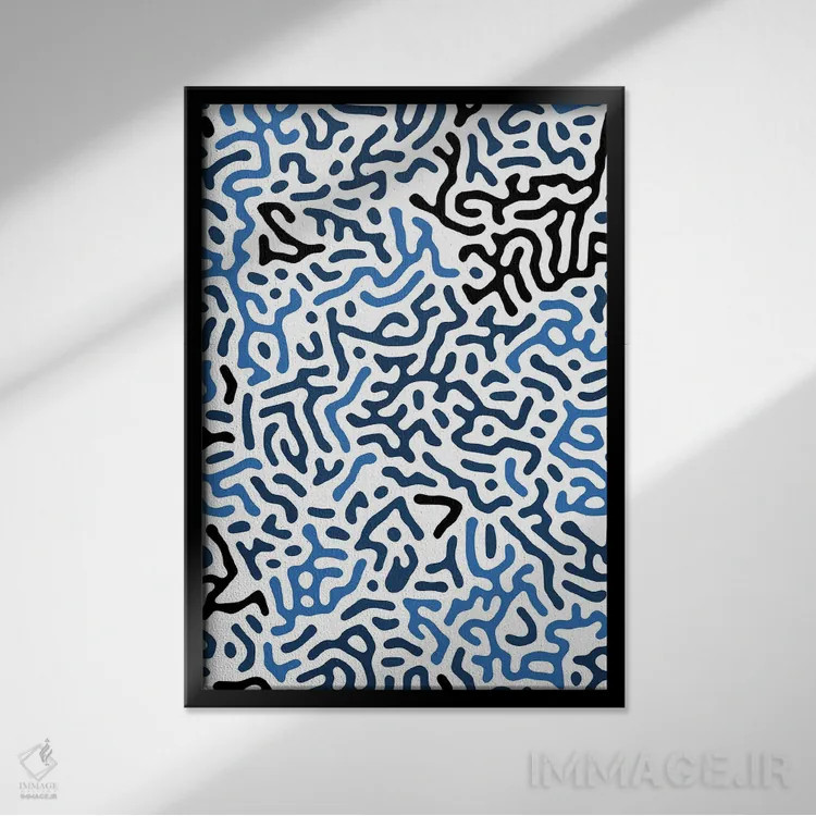 تابلو انتزاعی اشکال هندسی دیجیتال ارگانیک آبی اثر نینولا دیزاین - نمای قابدار مشکی