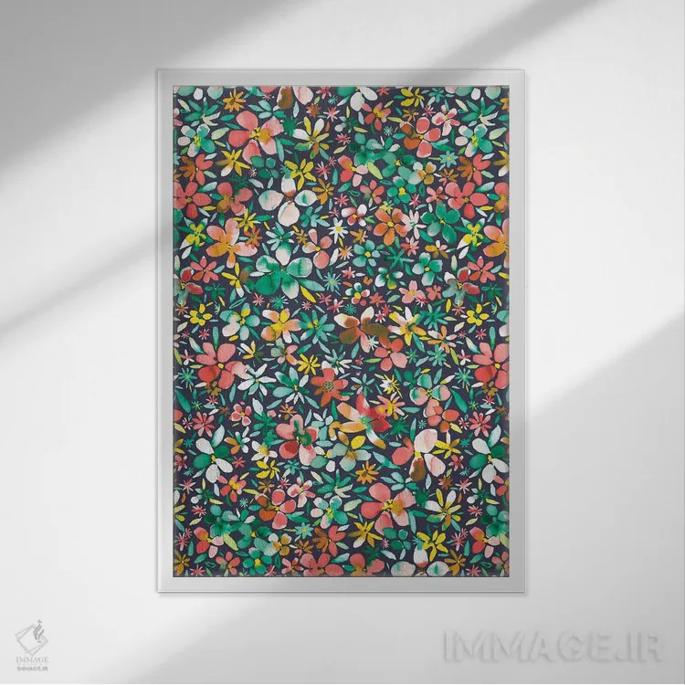 تابلو انتزاعی گل و گلبرگ های رنگی سبز اثر نینولا دیزاین - نمای قابدار سفید